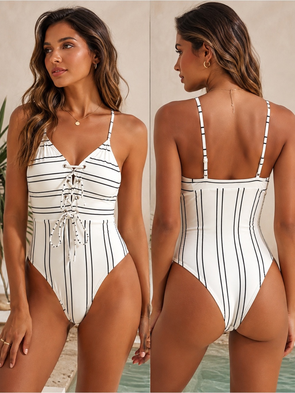 Cupshe Ivory & Black Striped Lace-Up One Piece Swimsuit Size S